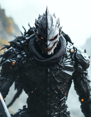 The primary subject of the image is a character, possibly a demon or a monster, with a menacing and evil appearance. The character is wearing a black and grey outfit, and its face is adorned with a scary, glowing red eye. The setting is a dark, possibly futuristic environment, with a mountainous background. The visual style of the image is a combination of photo and digital art, creating a striking and intense scene. The colors and mood of the image are predominantly dark